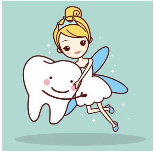 Cartoon tooth fairy hugging a molar